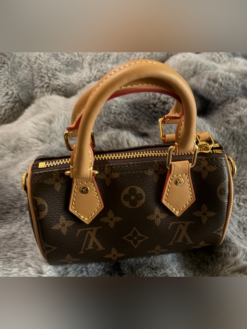 Louis Vuitton Nano Monogram Canvas Satchel with Natural Vachetta and Red Trim